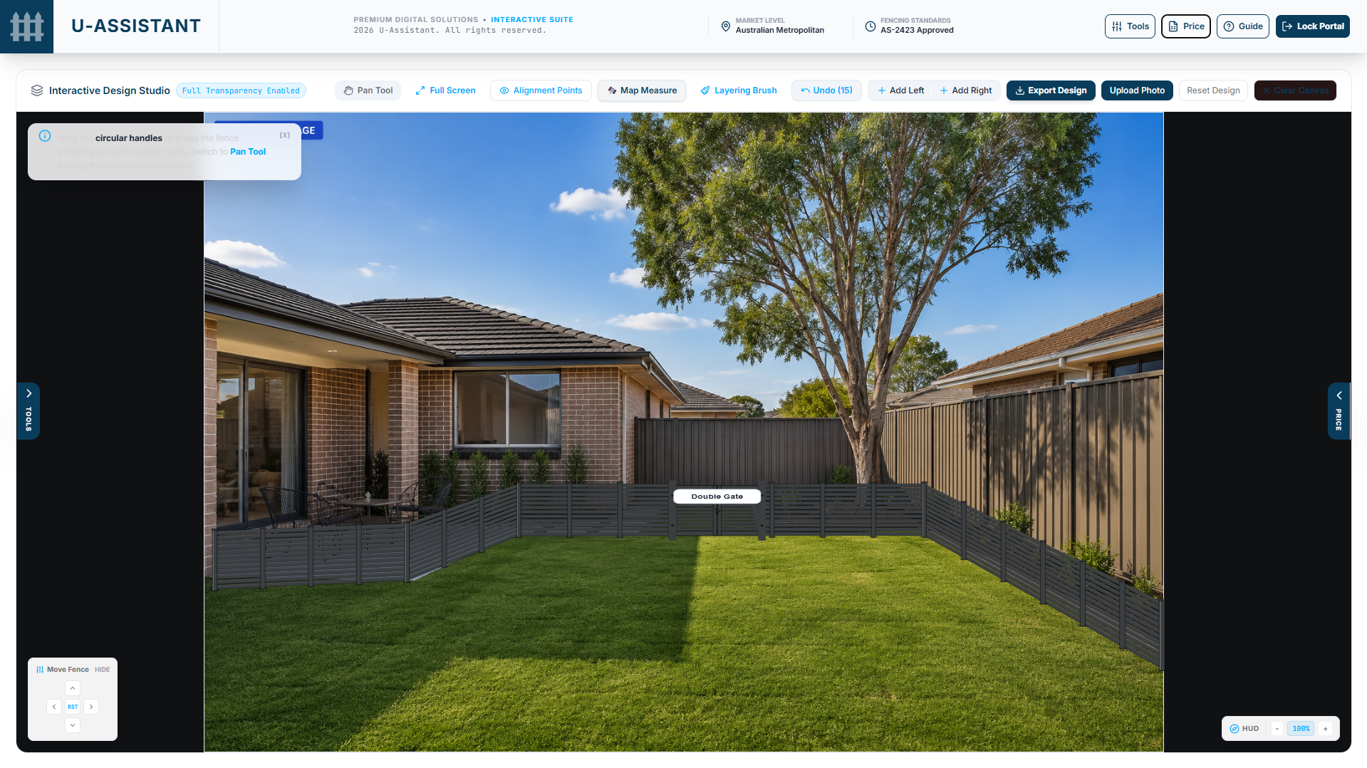 A fence drawn onto the yard photo with colour and height options selected and a gate added.