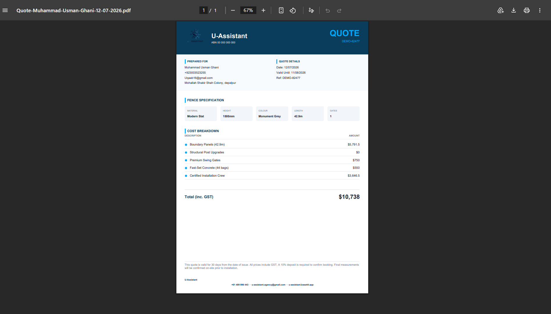 A branded Fencely PDF quote showing an itemised cost breakdown for the job.