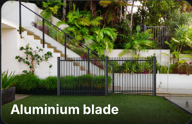 Aluminium blade fence drawn onto a garden photo