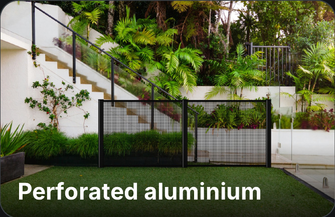 Aluminium perforated panel fence drawn onto a garden photo