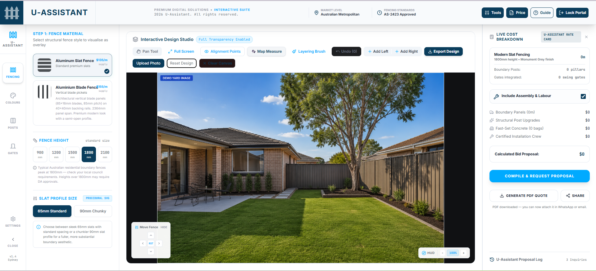 An empty Fencely canvas showing a freshly uploaded photo of a client's yard, ready to draw on.